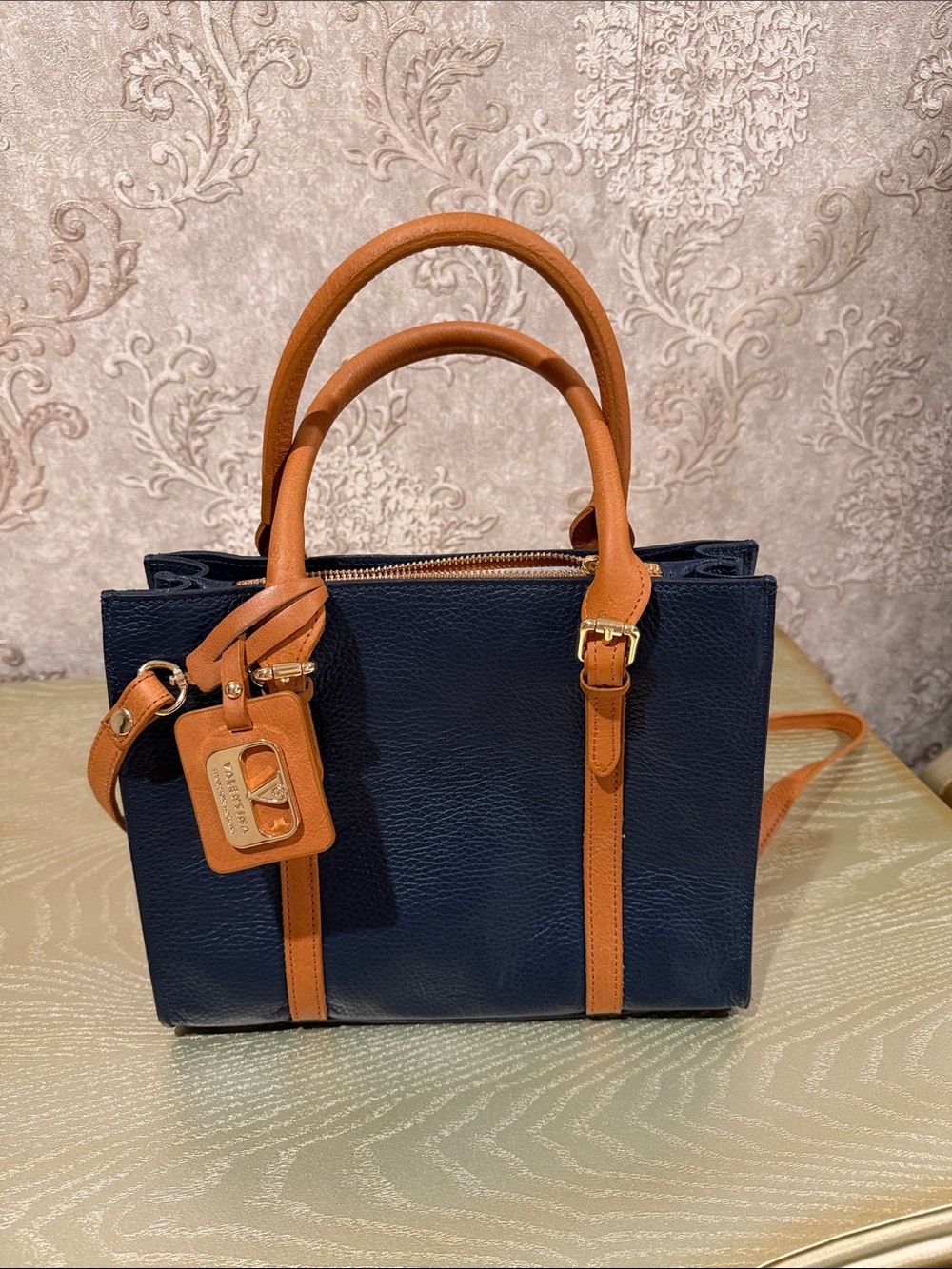 Women's Navy and Tan Leather Top-Handle Satchel